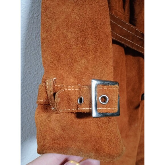 Vintage 70s Suede Trench Coat Rust Brown Belted Long Jacket Boho Western Women's - Picture 11 of 16